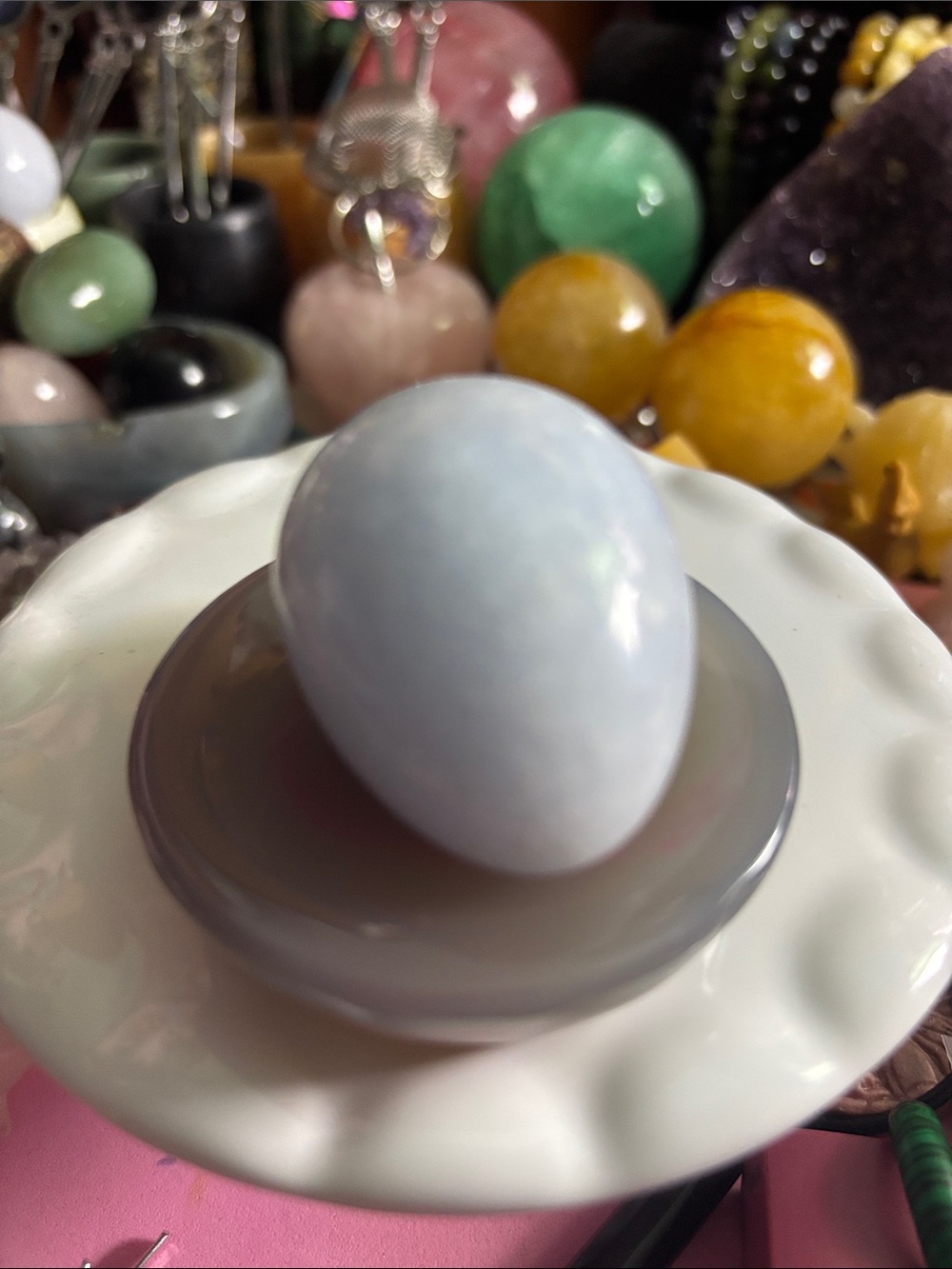 Polished Light Blue Chalcedony Decor Stone Egg - bowl not included
